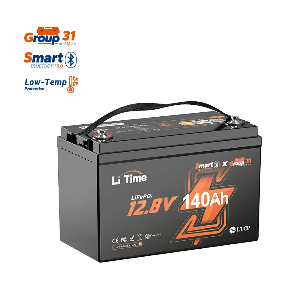 surface and functions of LiTime 12V 140Ah lithium rv marine group31 deep cycle battery