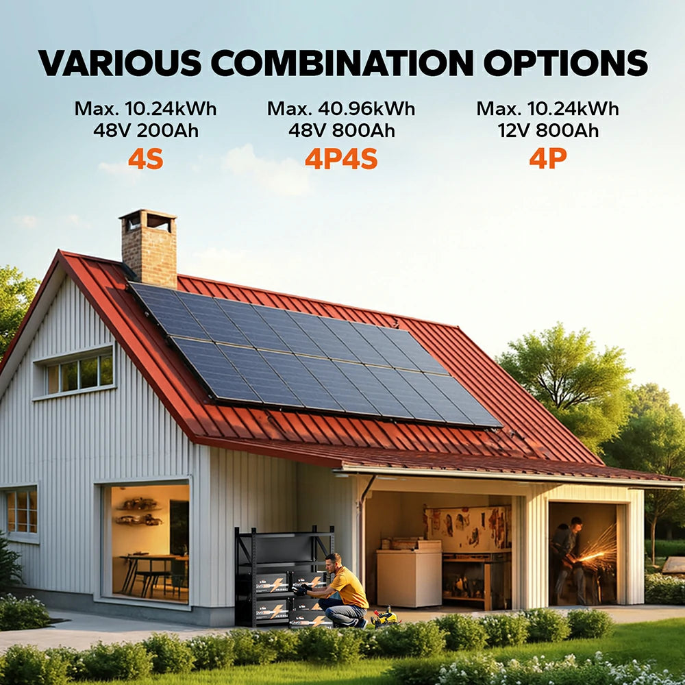 Various combination options for LiTime lithium solar battery 200ah, creating up to a 40.96kWh home power system