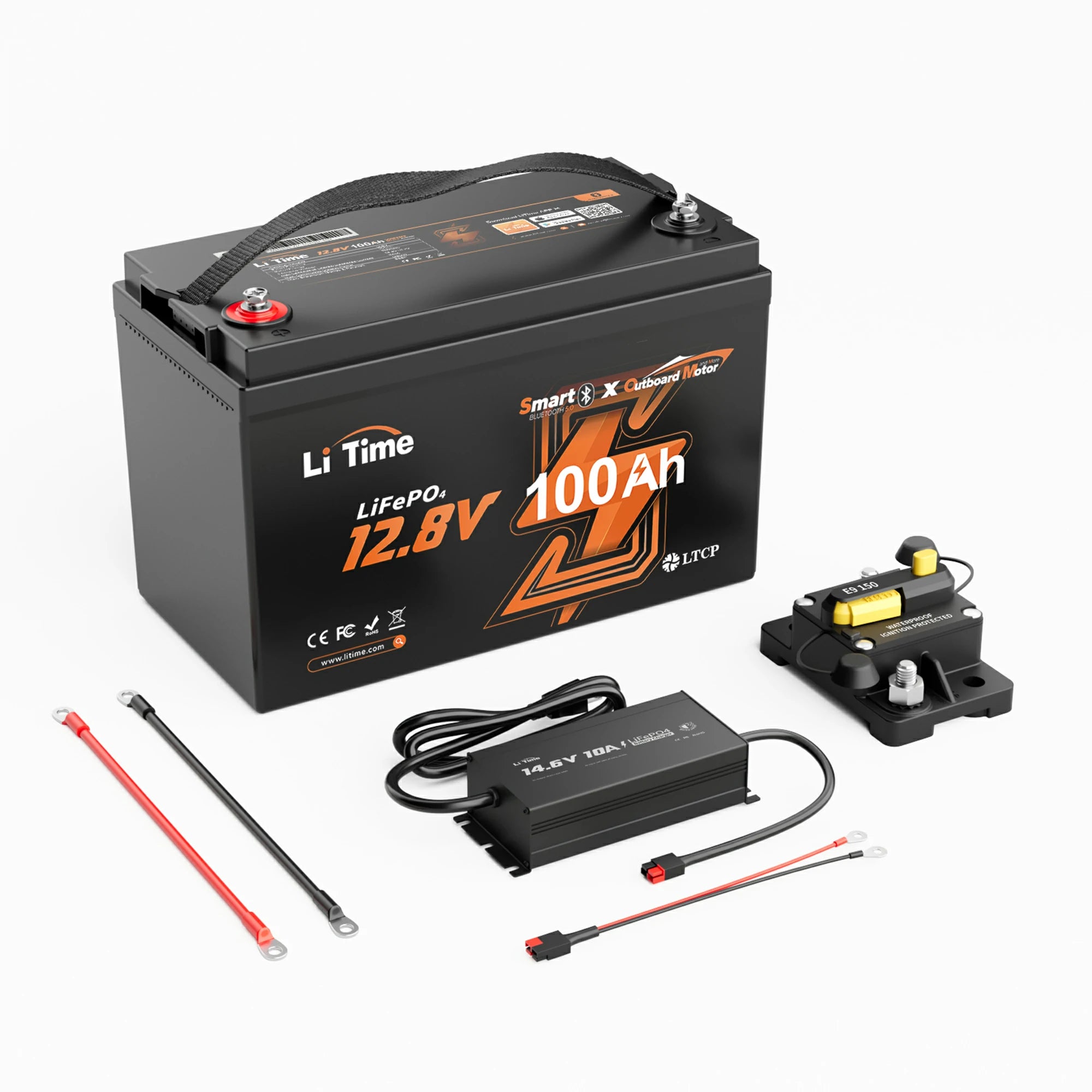 litime 12v marine kit with 100Ah Bluetooth battery, 10a charger, 150A circuit breaker