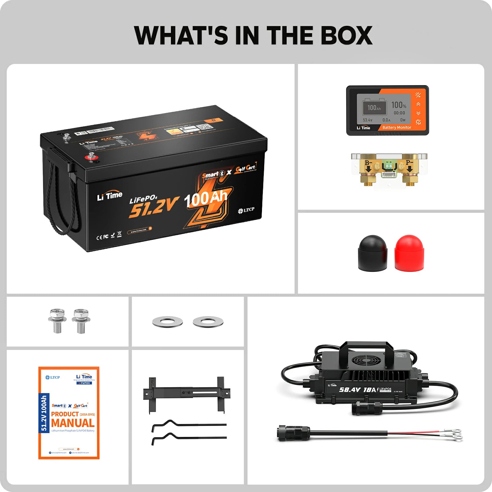 what's in box of litime 48v 100ah golf cart lithium battery kits: battery monitor, charger, manual, and more