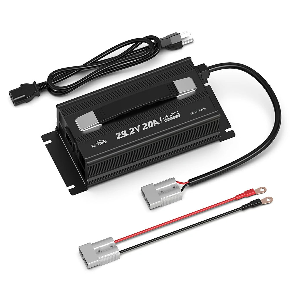 LiTime 24V 20A LiFePO4 battery charger with connecting cables and anderson plugs