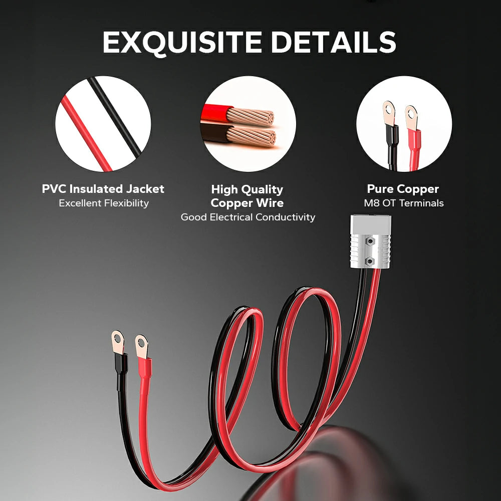 charger cable's details: flexible PVC jacket, high-quality copper wire, and pure copper M8 ring terminals