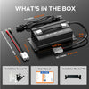 What's in the box: a 29.2V 20A charger, AC/DC cables, user manual, and mounting bracket with screws