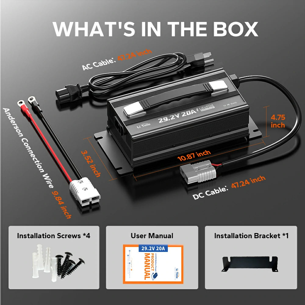 What's in the box: a 29.2V 20A charger, AC/DC cables, user manual, and mounting bracket with screws