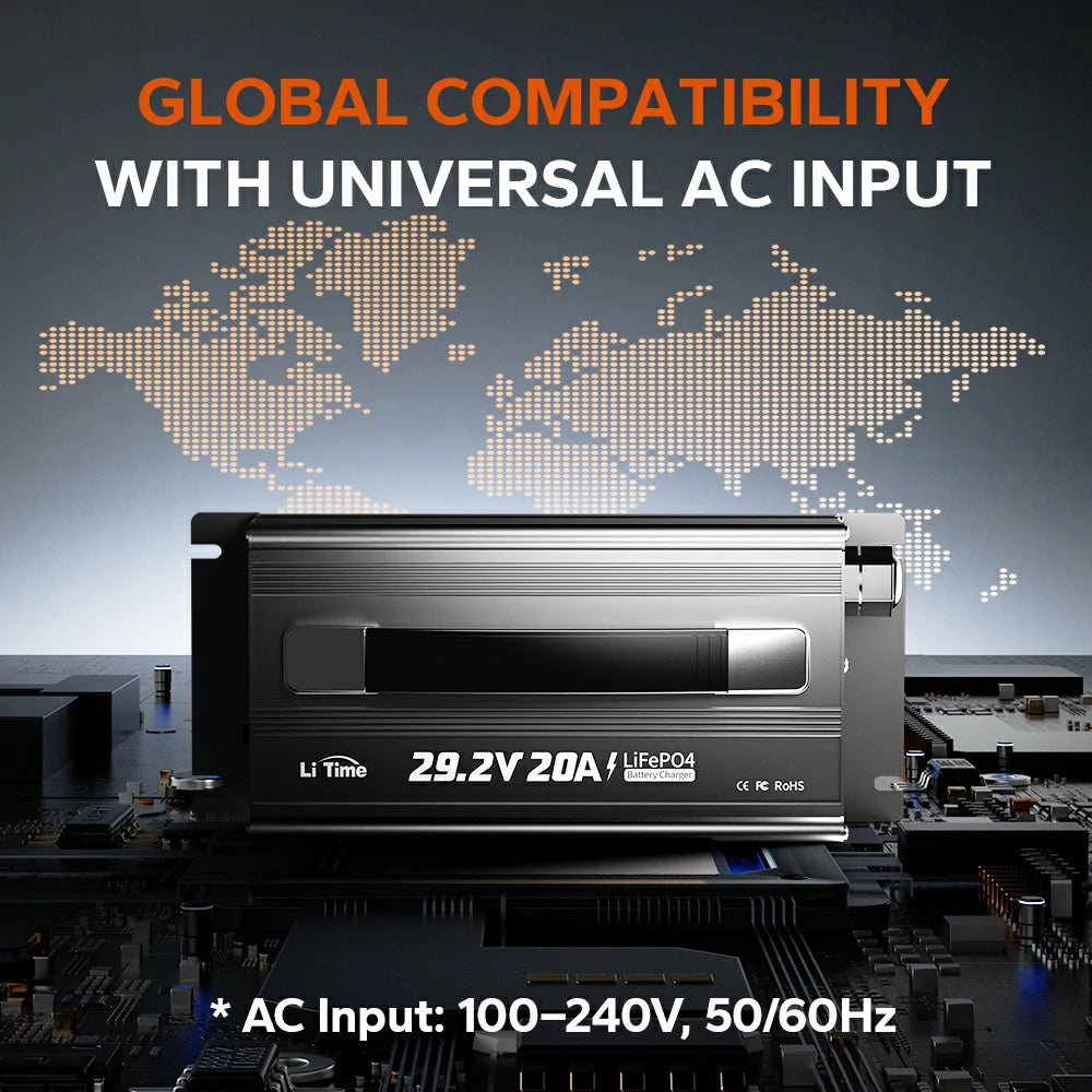 LiTime 24V 20A lithium battery charger's global compatibility and universal AC input of 100-240V, 50/60Hz