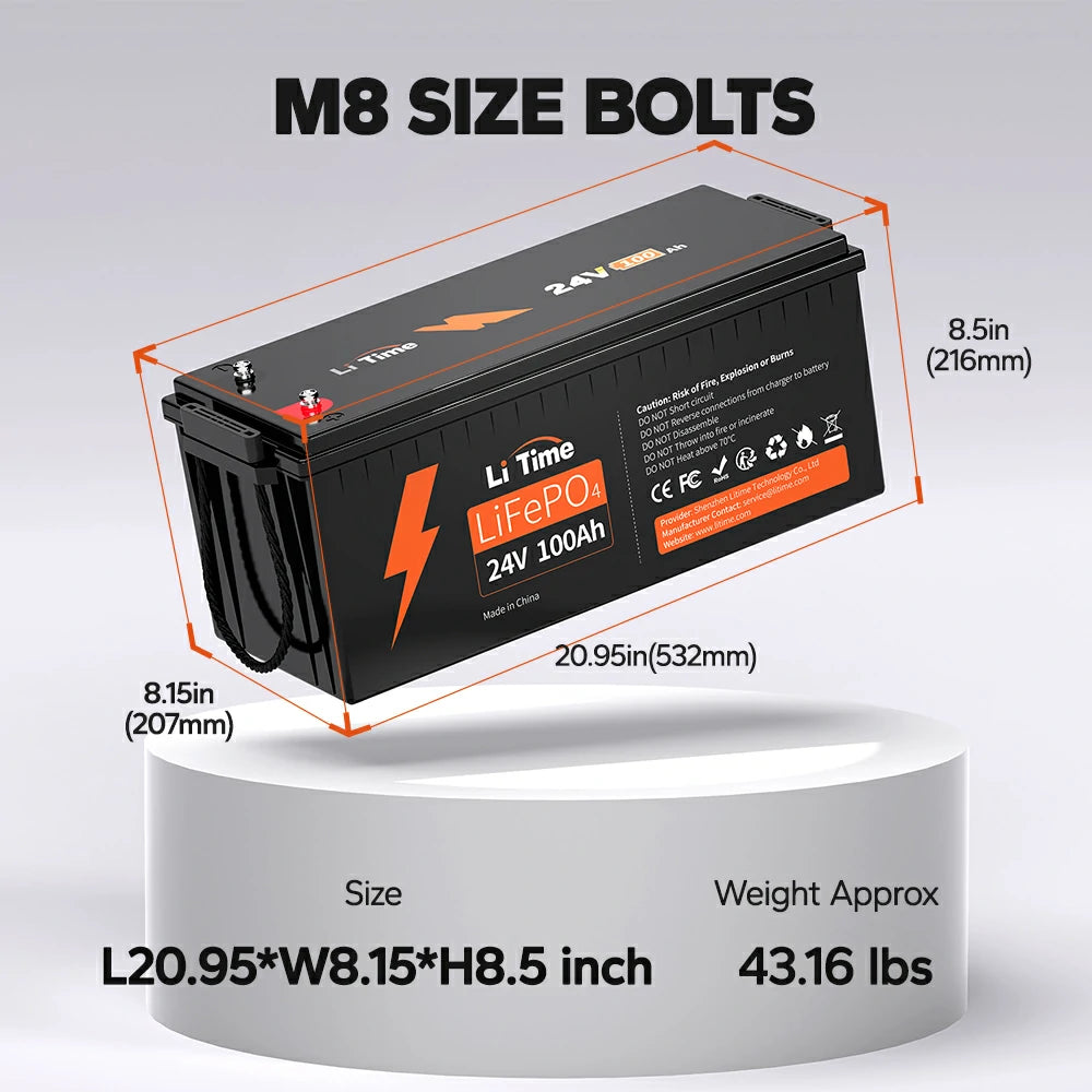 LiTime 24V 100Ah LiFePO4 battery showing its dimensions (L20.95" x W8.15" x H8.5") and weight (43.16 lbs)