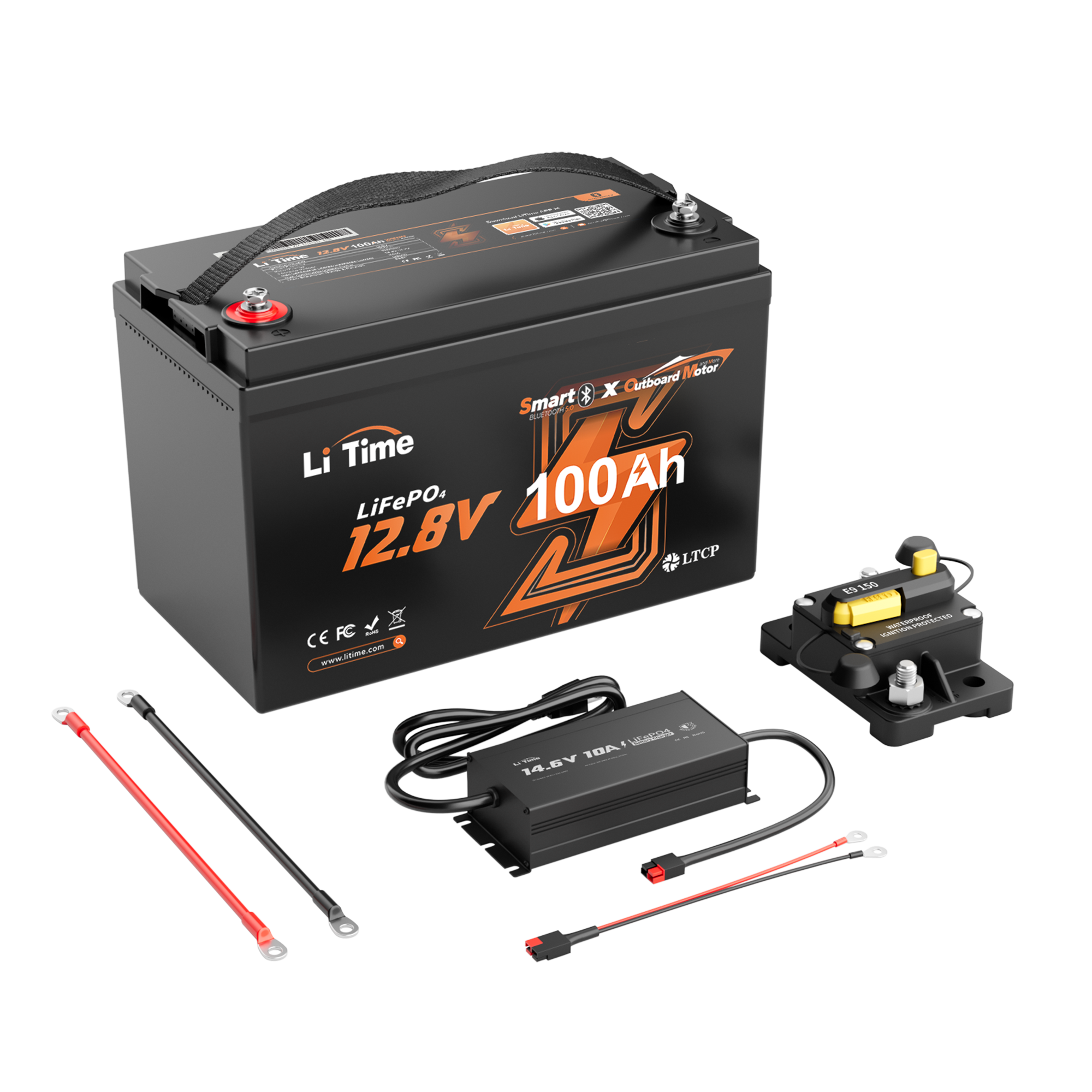 litime deep cycle 12V 100Ah marine battery kit with handle, plus charger, breaker, and connection cables