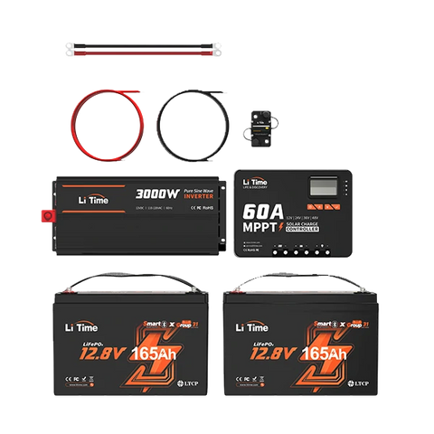 litime rv off-grid kit: tow 12v 165ah lifepo4 batteries power 4224wh energy & 3000w inverter 60a mppt