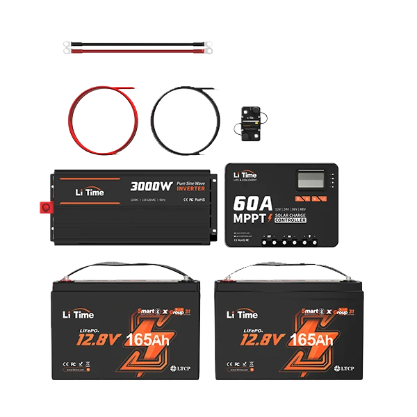 litime rv off-grid kit: tow 12v 165ah lifepo4 batteries power 4224wh energy & 3000w inverter 60a mppt