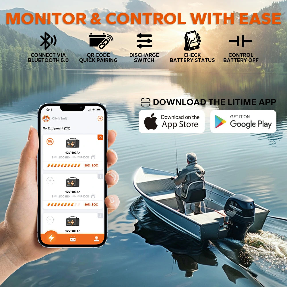 LiTime marine motor battery with bluetooth 5.0 function: monitor & control with ease