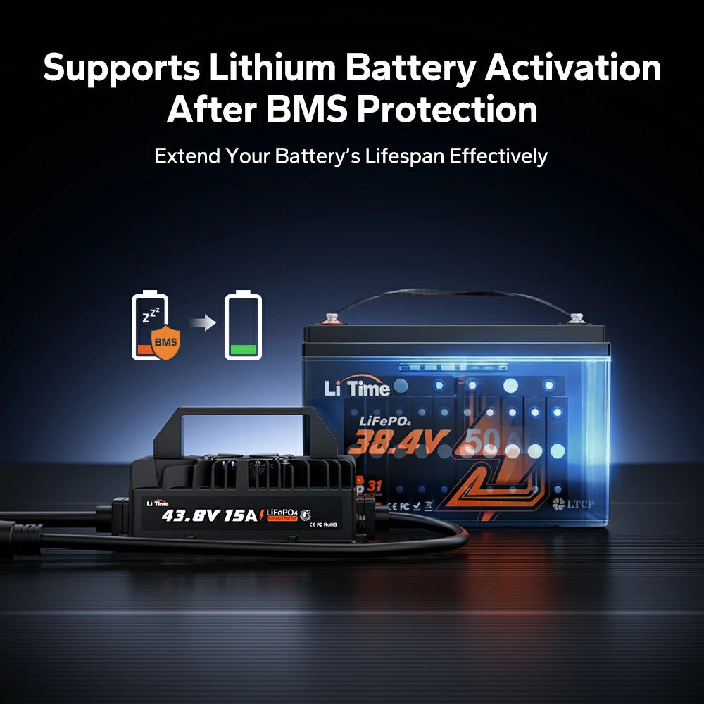 LiTime 36V 15A lifepo4 battery charger supports lithium batetry activation after bms protection