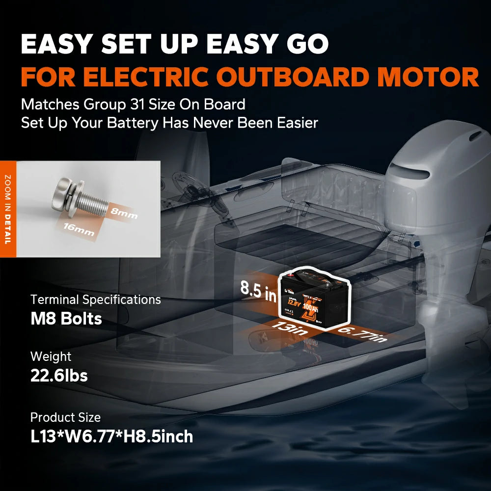 LiTime Smart Outboard Motor Battery: Group 31 size (13x6.77x8.5in), 22.6lbs, M8 bolts (16mm/8mm)