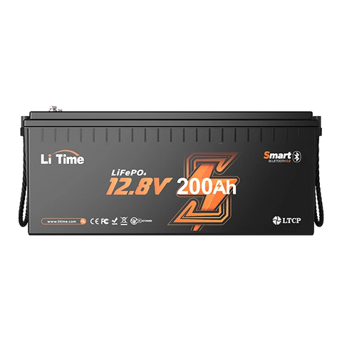 A front view of the Li Time 12.8V 200Ah Smart Bluetooth LiFePO4 battery
