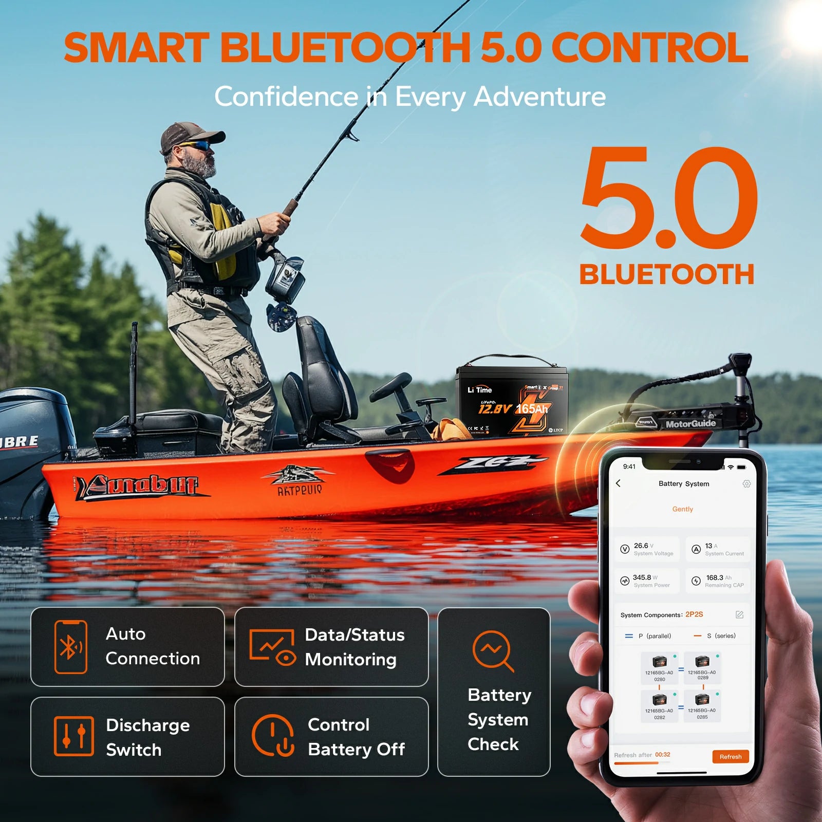 Bluetooth function of litime 165ah group 31 lithium battery for marine applications