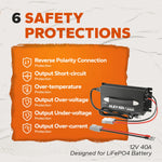 safety protections of litime 40a lithium smart charger for 12v battery