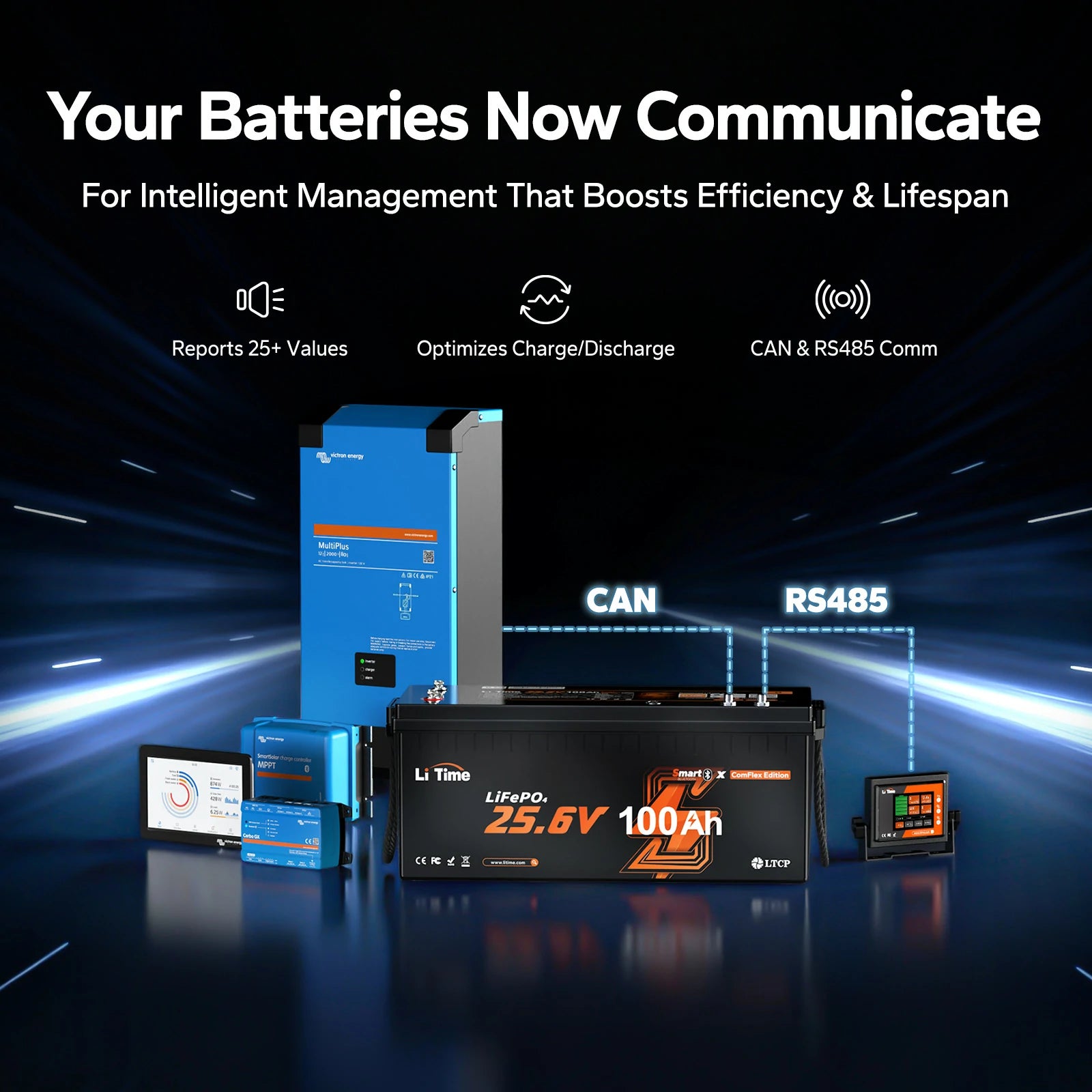LiTime 24V 100Ah Smart ComFlex Battery with Bluetooth & Victron Comms | All-in-One Power Solution