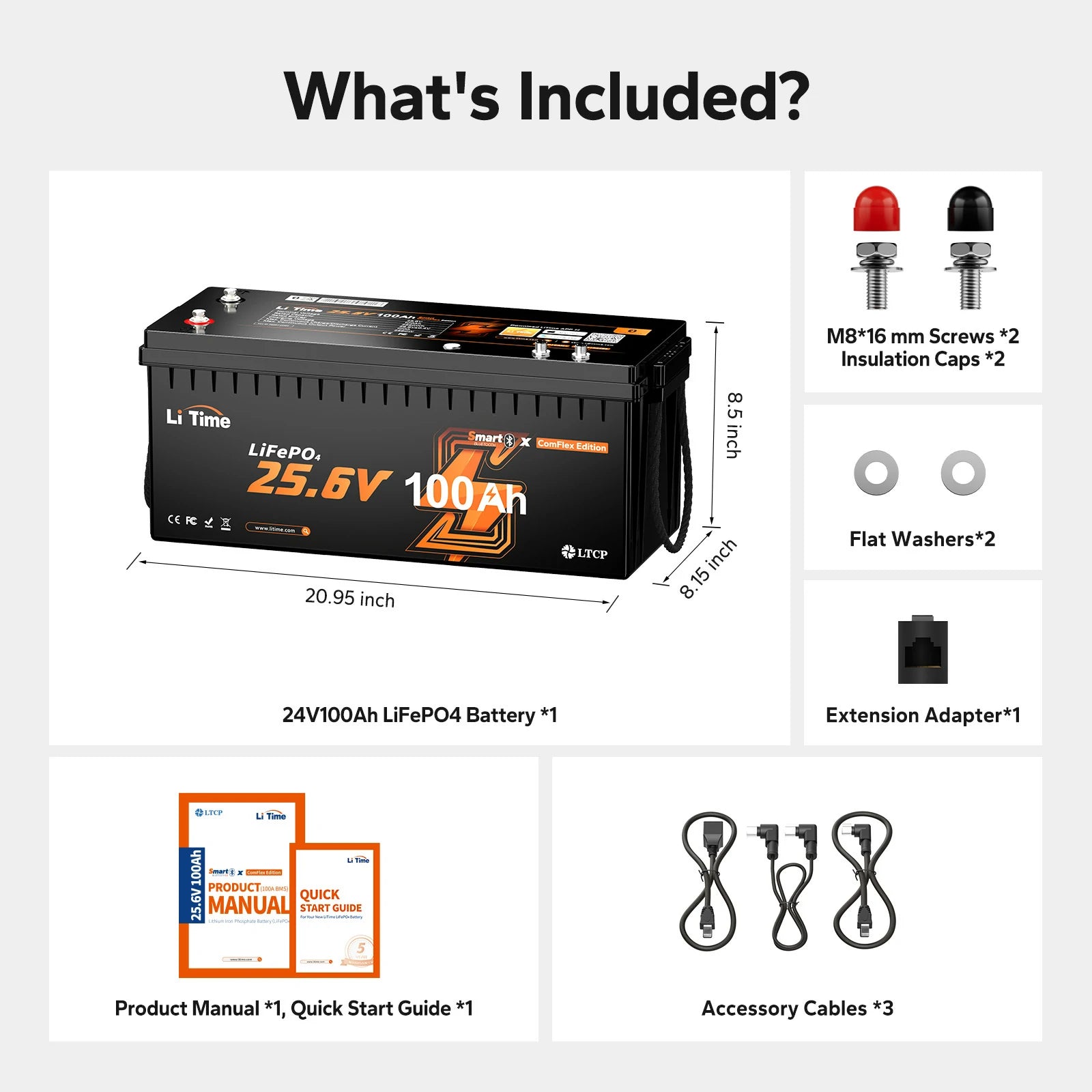 LiTime 24V 100Ah Smart ComFlex Battery with Bluetooth & Victron Comms | All-in-One Power Solution