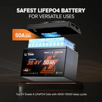LiTime 36V 50Ah Bluetooth battery: features 50A Smart BMS, EV-grade LiFePO4 cells, and 4k-15k deep cycles for safety