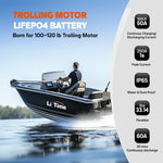 LiTime 36V 50Ah Bluetooth battery: max 50A, 250A peak, IP65 waterproof, 33.14 lbs, ideal for 100-120 lb trolling motors