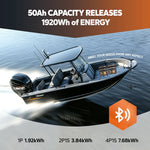 LiTime 36V 50Ah Bluetooth battery: 1920Wh capacity, powering boats with 1P 1.92kWh, 2P 3.84kWh, and 4P 7.68kWh options