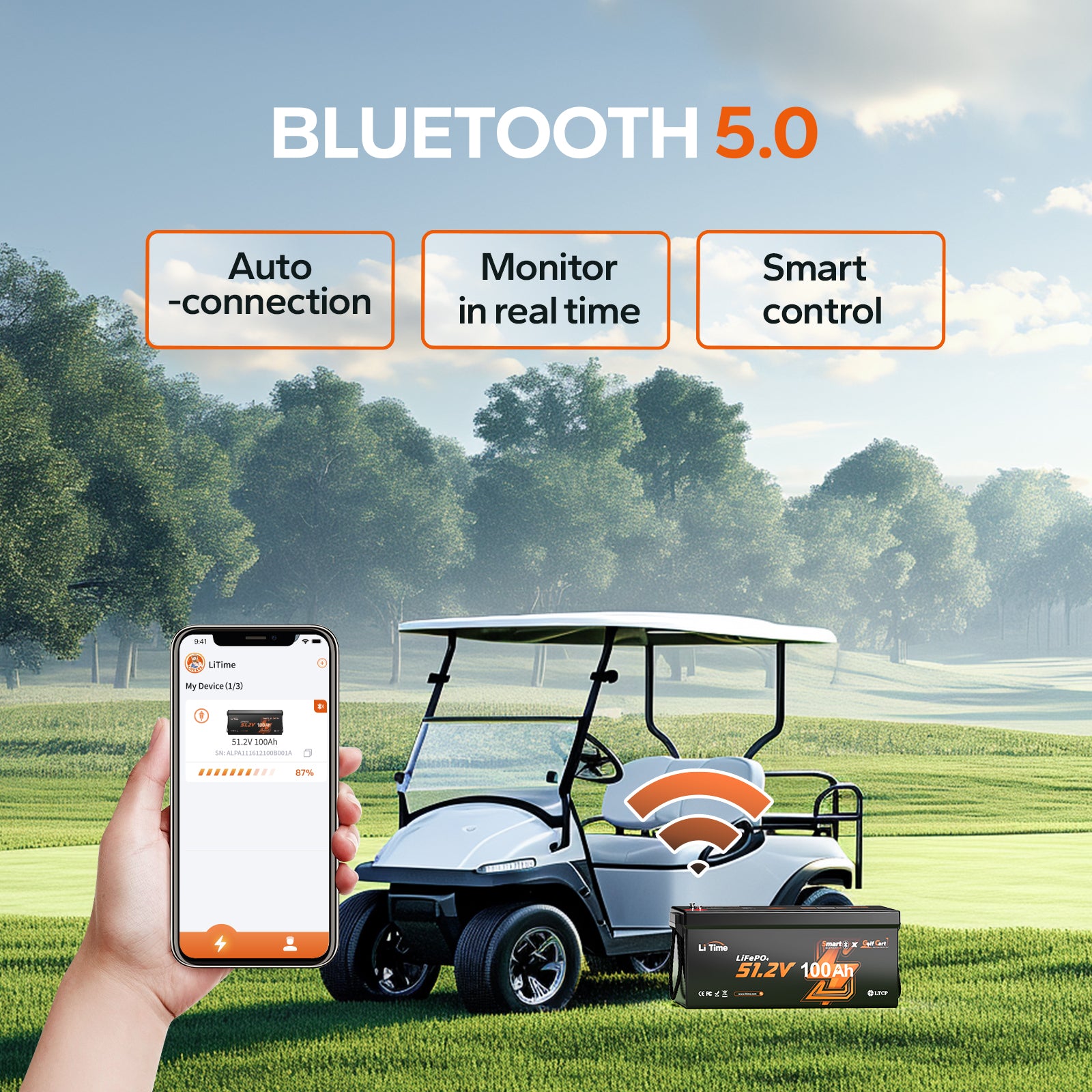 Monitor the LiTime 48V 100Ah golf cart battery in real time with the Bluetooth 5.0 smartphone app.