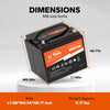 LiTime 12V 50Ah LiFePO4 battery dimensions: 7.68x6.54x6.77 inches, weight 11.17 lbs