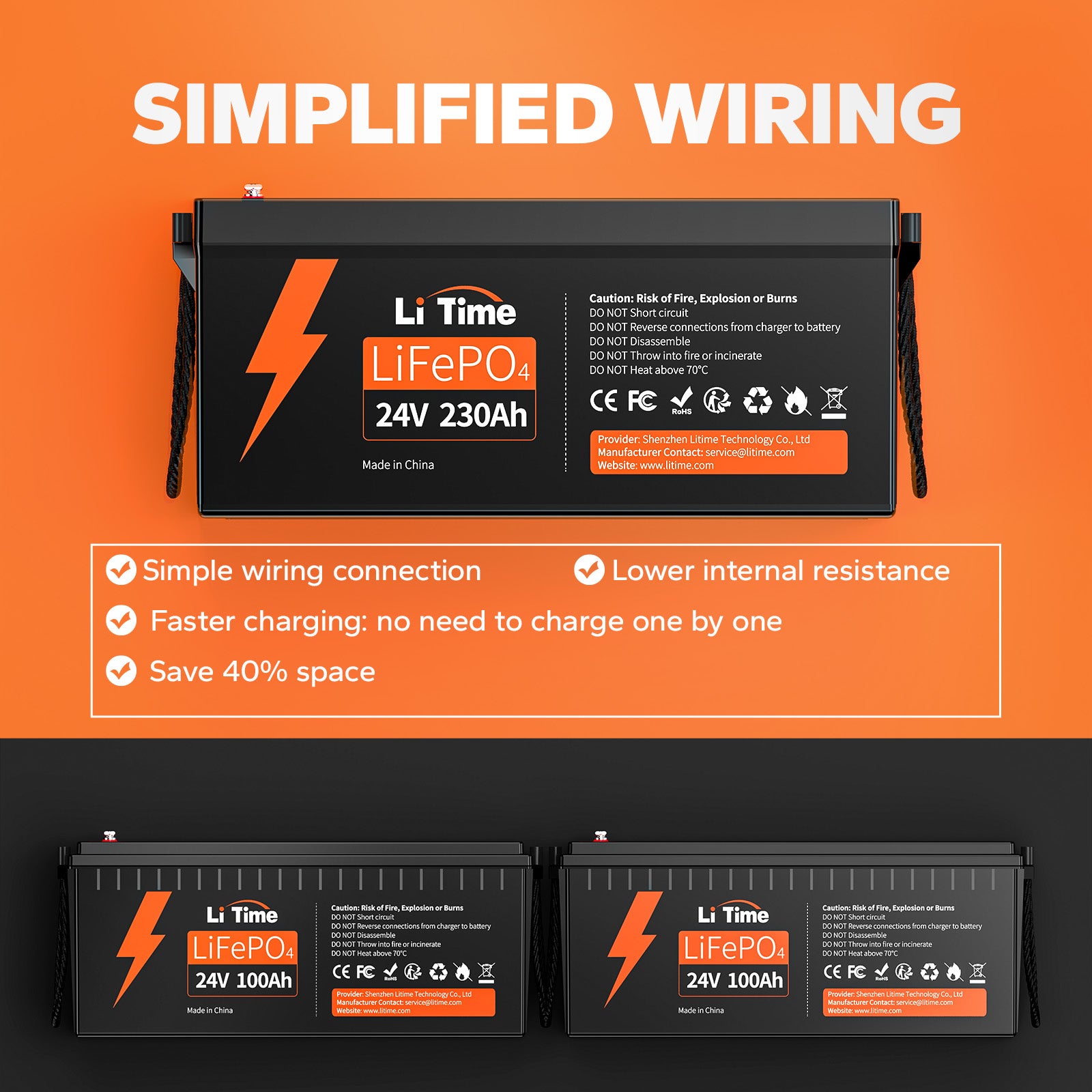 LiTime 24V 230Ah battery: simplified wiring for easy connection, faster charging, 40% less resistance
