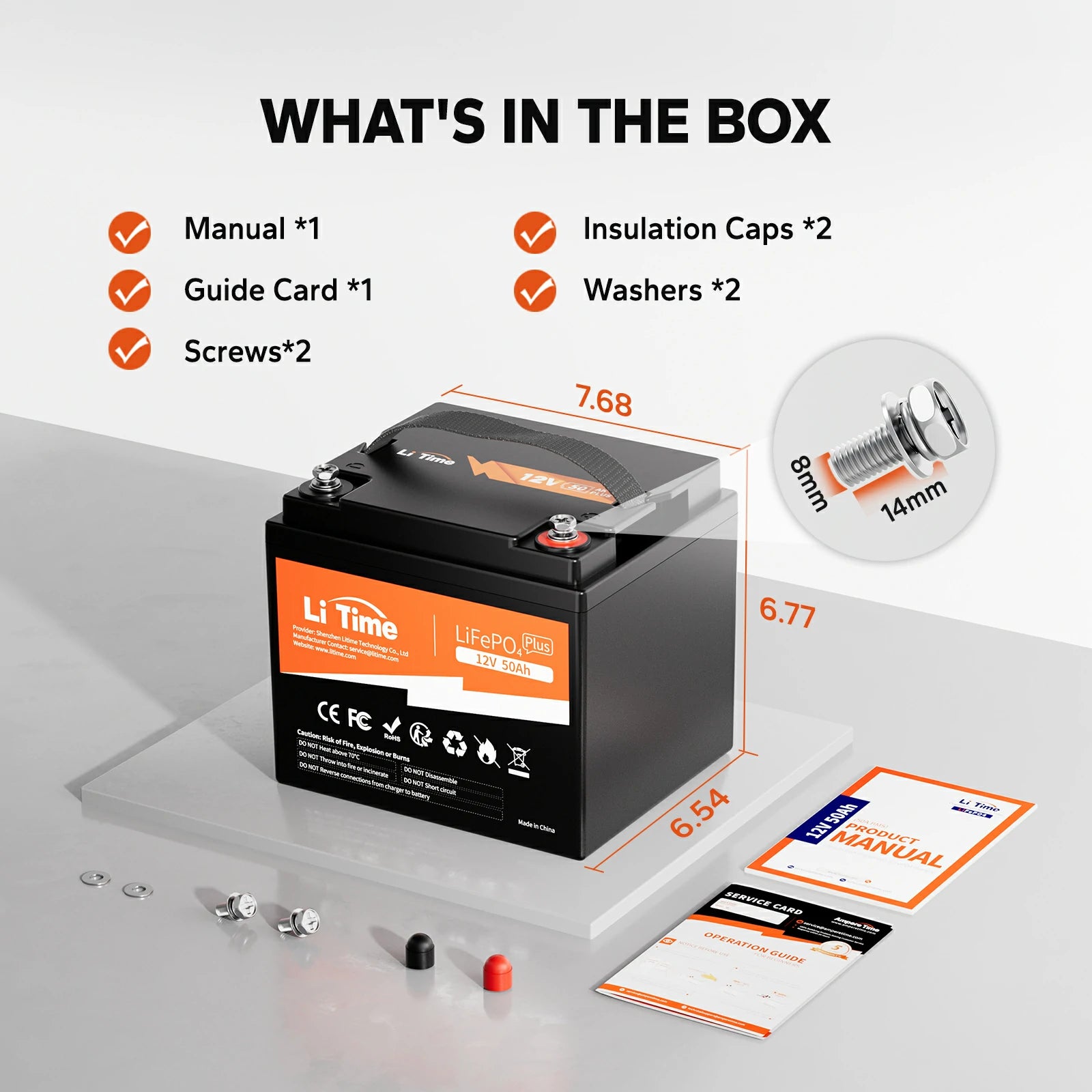 LiTime 50Ah LiFePO4 battery box includes manual, guide card, insulation caps, screws, and washers