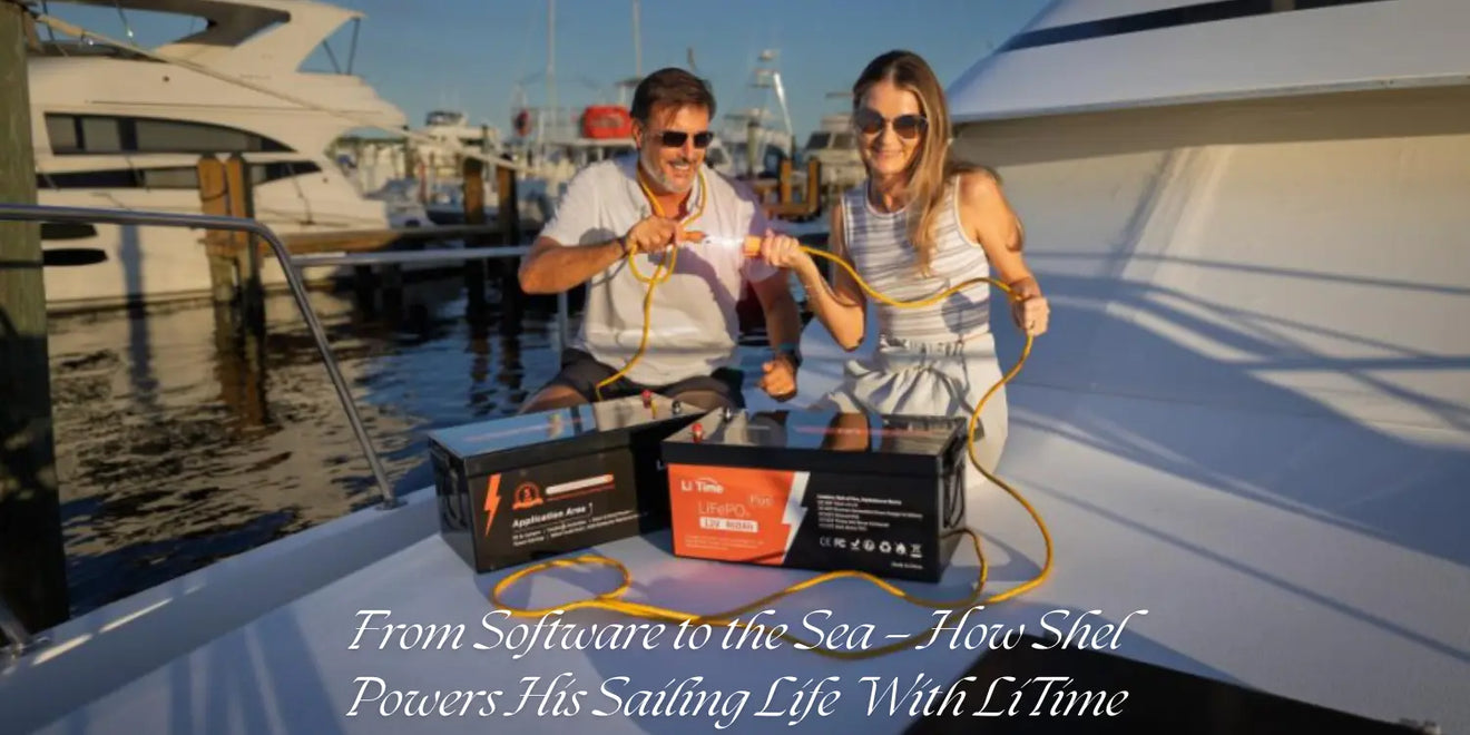 The interviewed users connecting cables to two LiTime LiFePO₄ 12V 460Ah batteries on the deck of their boat, with a marina in the background bannar