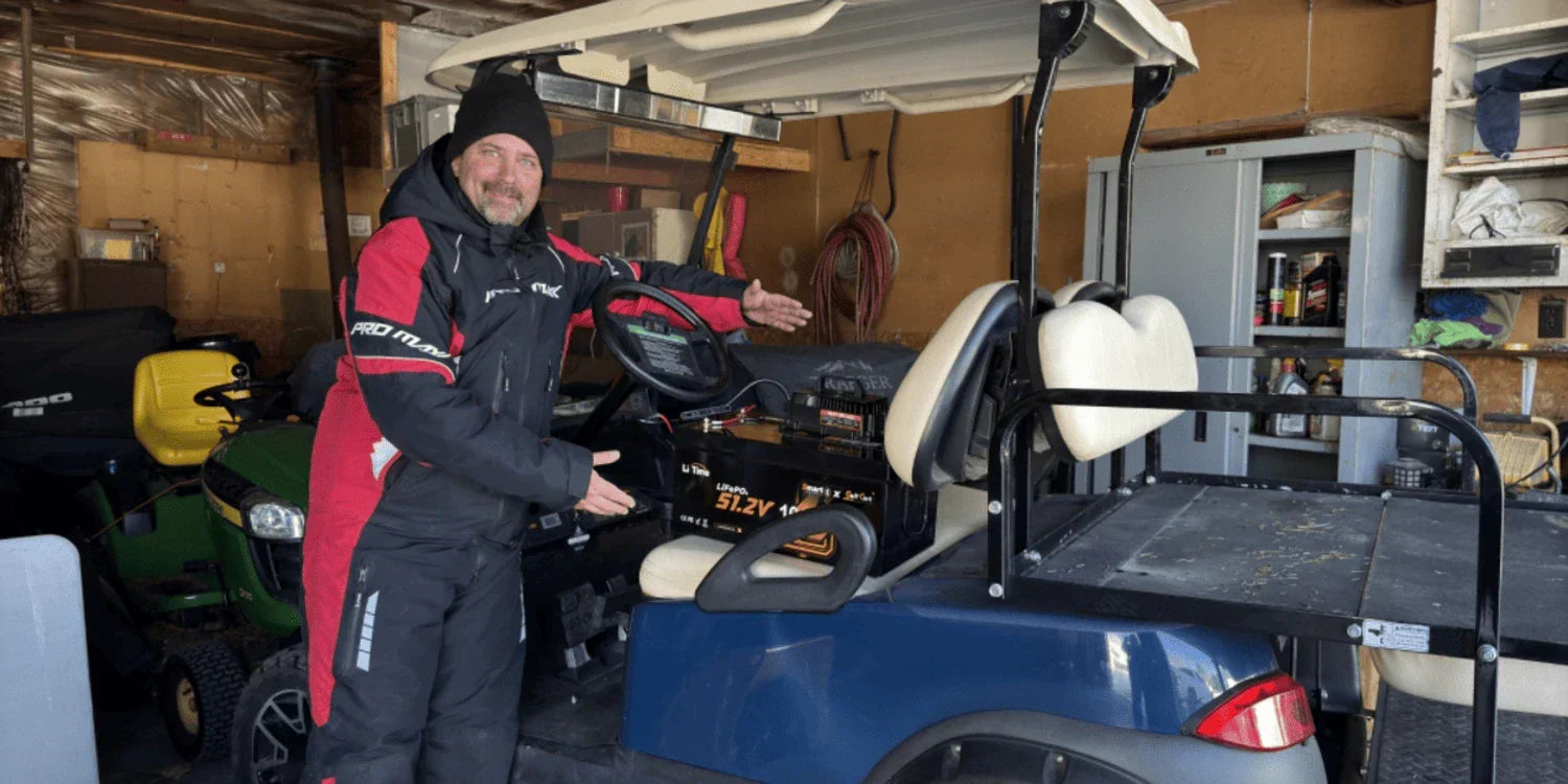 man stands in a garage next to a golf cart, presenting a LiTime 48V 100Ah lithium battery