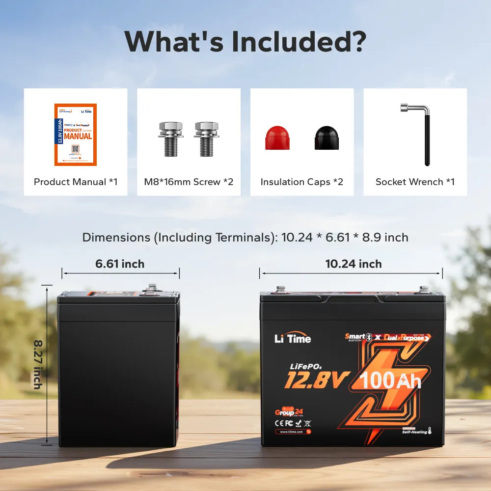 LiTime 12V 100Ah Group 24 Self-Heating Dual Purpose Marine Starting Battery