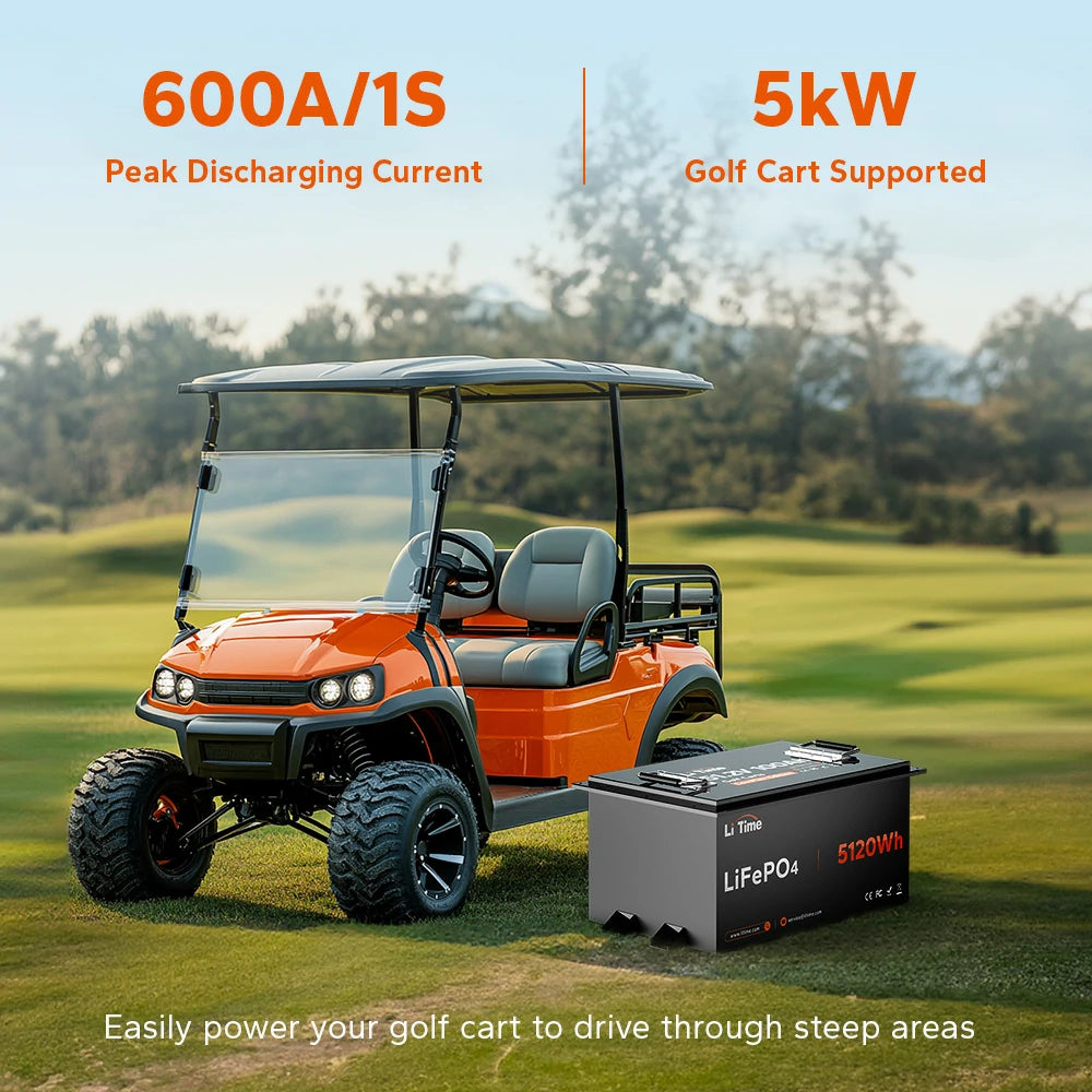 LiTime 48V 100Ah LiFePO4 battery with metal case, 600A peak discharge, supporting golf carts on steep terrain