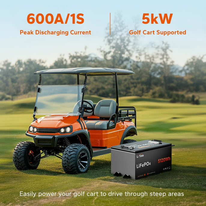 LiTime 48V 100Ah LiFePO4 battery with metal case, 600A peak discharge, supporting golf carts on steep terrain