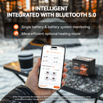hand holding smartphone showing LiTime app monitoring 100Ah Group 24 LiFePO4 battery with Bluetooth 5.0 and self-heating function