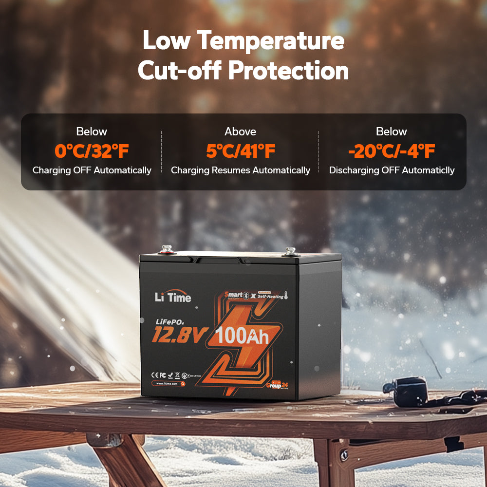 low temp charging off protection feature of litime group 24 lithium deep cycle battery with Bluetooth 5.0 and self-heating function
