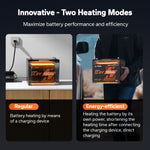 LiTime self-heating function: charger-powered (left) vs internal-power (right) warm-up modes