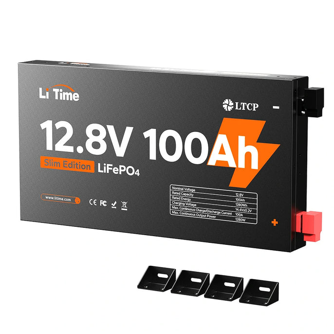 LiTime 12V 100Ah Slim LiFePO4 battery with a sleek design