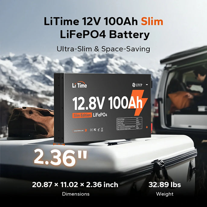 LiTime 12V 100Ah Slim LiFePO4 battery, ultra-slim and space-saving with dimensions 20.87" x 11.02" x 2.36" and 32.89 lbs
