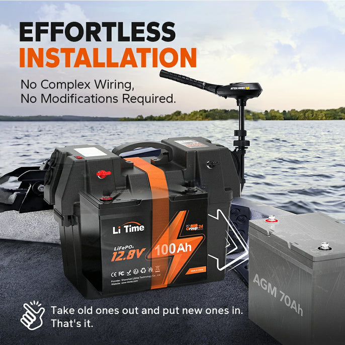 LiTime 12V 100Ah Group 24 LiFePO4 battery with effortless drop-in installation, no wiring/modifications needed