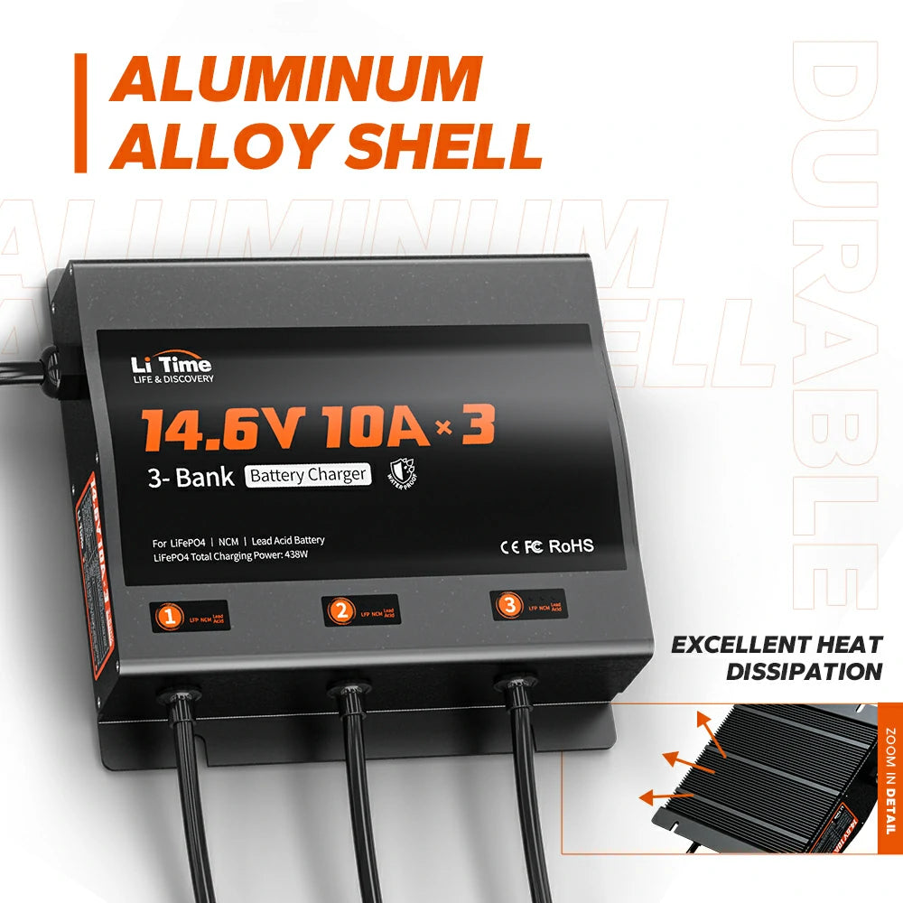 LiTime 3-bank battery charger with aluminum alloy shell,  excellent heat dissipation for durability