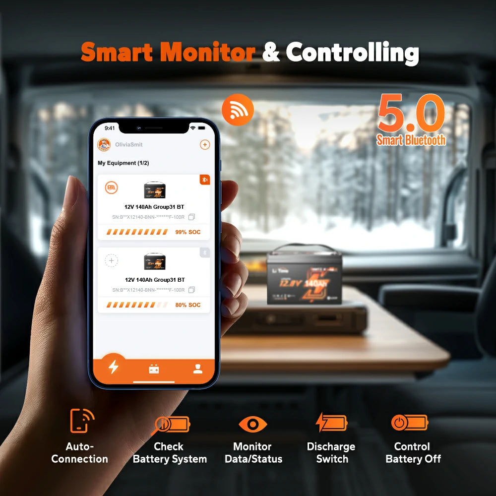 bluetooth 5.0 function of LiTime 12V 140Ah rv group 31 deep cycle lithium battery