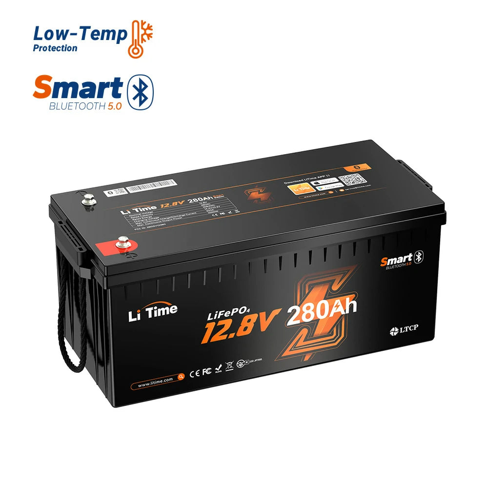 overview of litime 12V 280Ah lifepo4 battery feature with low-temp cut-off protection and bluetooth
