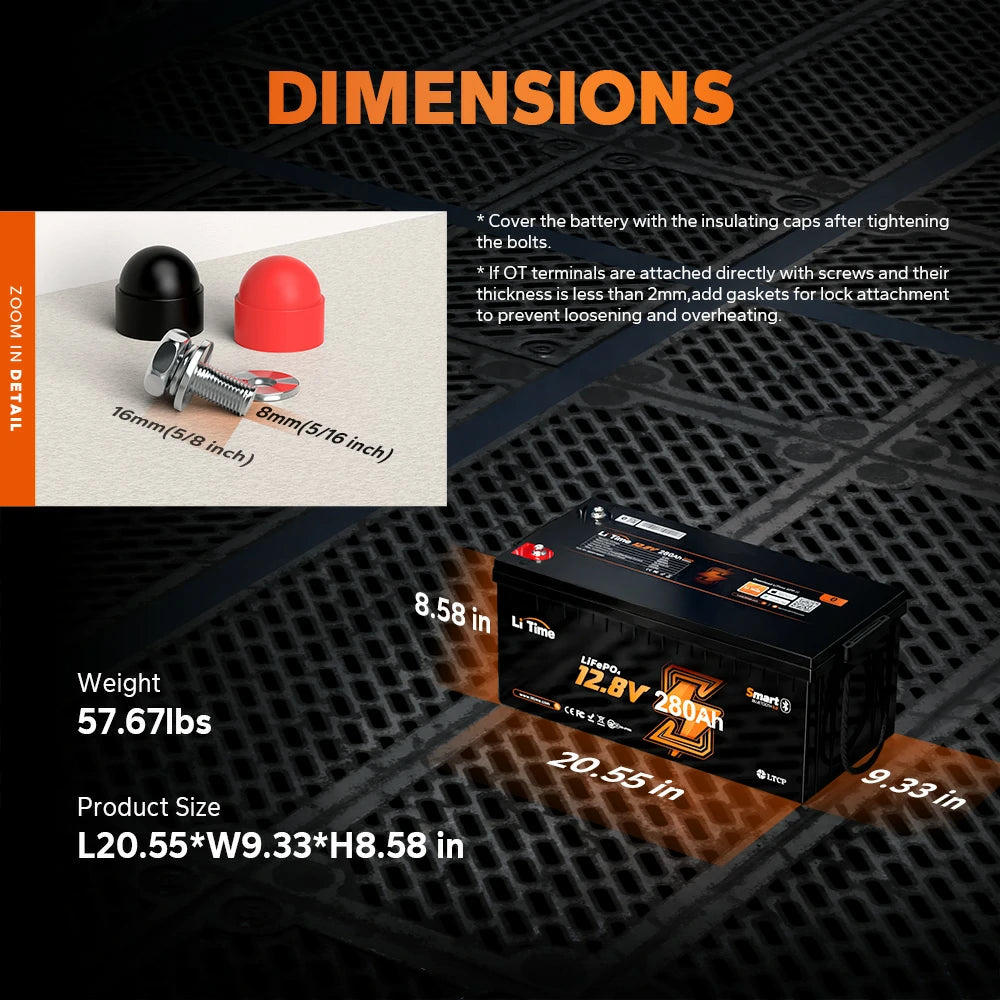 the length, width, and height of LiTime 12V 280Ah battery
