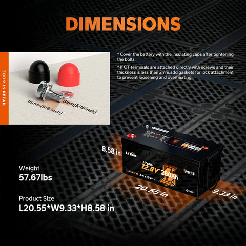 the length, width, and height of LiTime 12V 280Ah battery