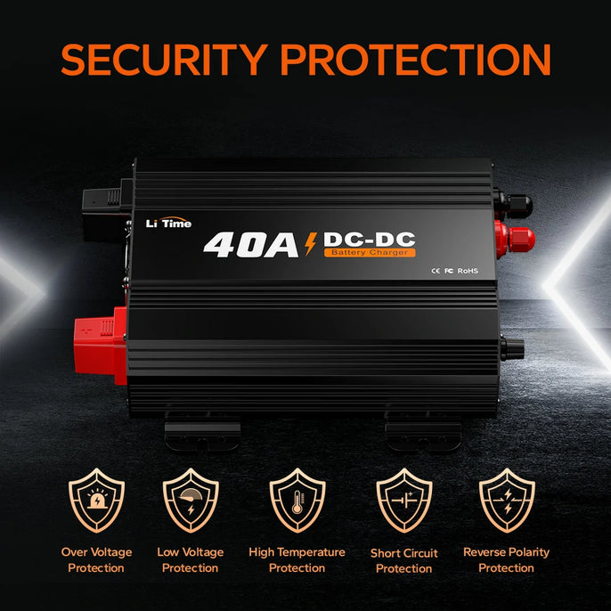 protections of LiTIme 40a dc to dc charger over voltage, low voltage, high temp, short circuit, reverse polarity