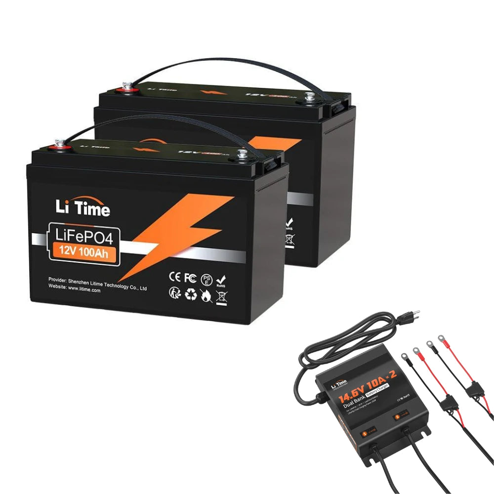 12 volt 100ah deep cycle lithium batteries + 10A 2 bank chargers kit