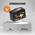 LiTime 12V 100Ah trolling motor lifepo4 battery: 13x6.77x8.43in, M8 bolts (16mm/8mm)