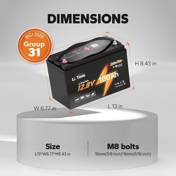 LiTime 12V 100Ah trolling motor lifepo4 battery: 13x6.77x8.43in, M8 bolts (16mm/8mm)