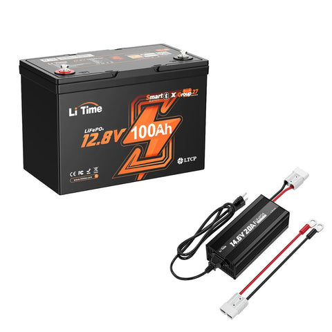 LiTime 12v 100ah LiFePO4 Battery Group27 + 12V 20A Charger
