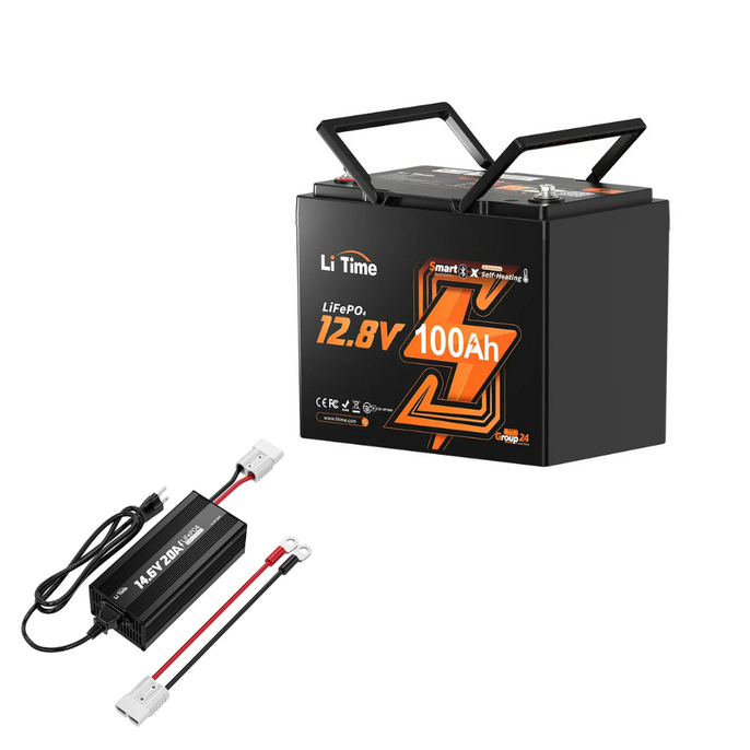12V 100Ah Group 24 Bluetooth LiFePO4 Lithium Deep Cycle Battery with self-heating + 12V 20A Charger